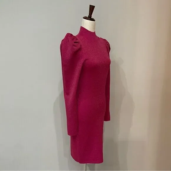 𝅺nwt Alice + Olivia Issa Metallic Puff Long Sleeve Wool Blend Dress Size Large